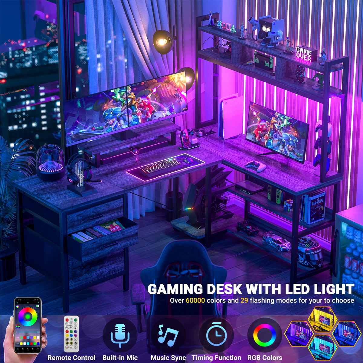 Aheaplus Corner Gaming Desk With Led Lights And Power Outlet