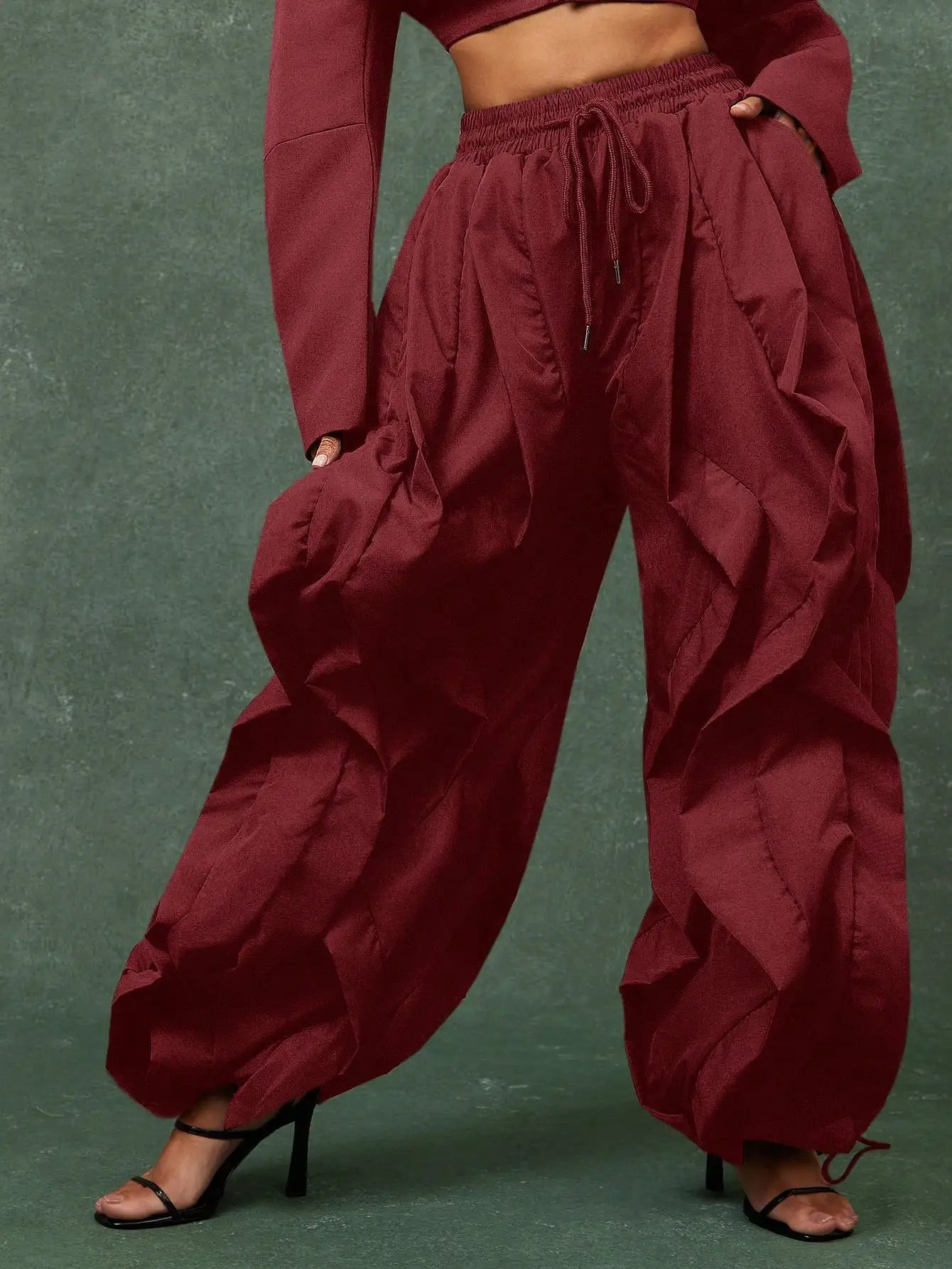 Crop Top And Ruffle Detail Wide Leg Jogger Pants Set
