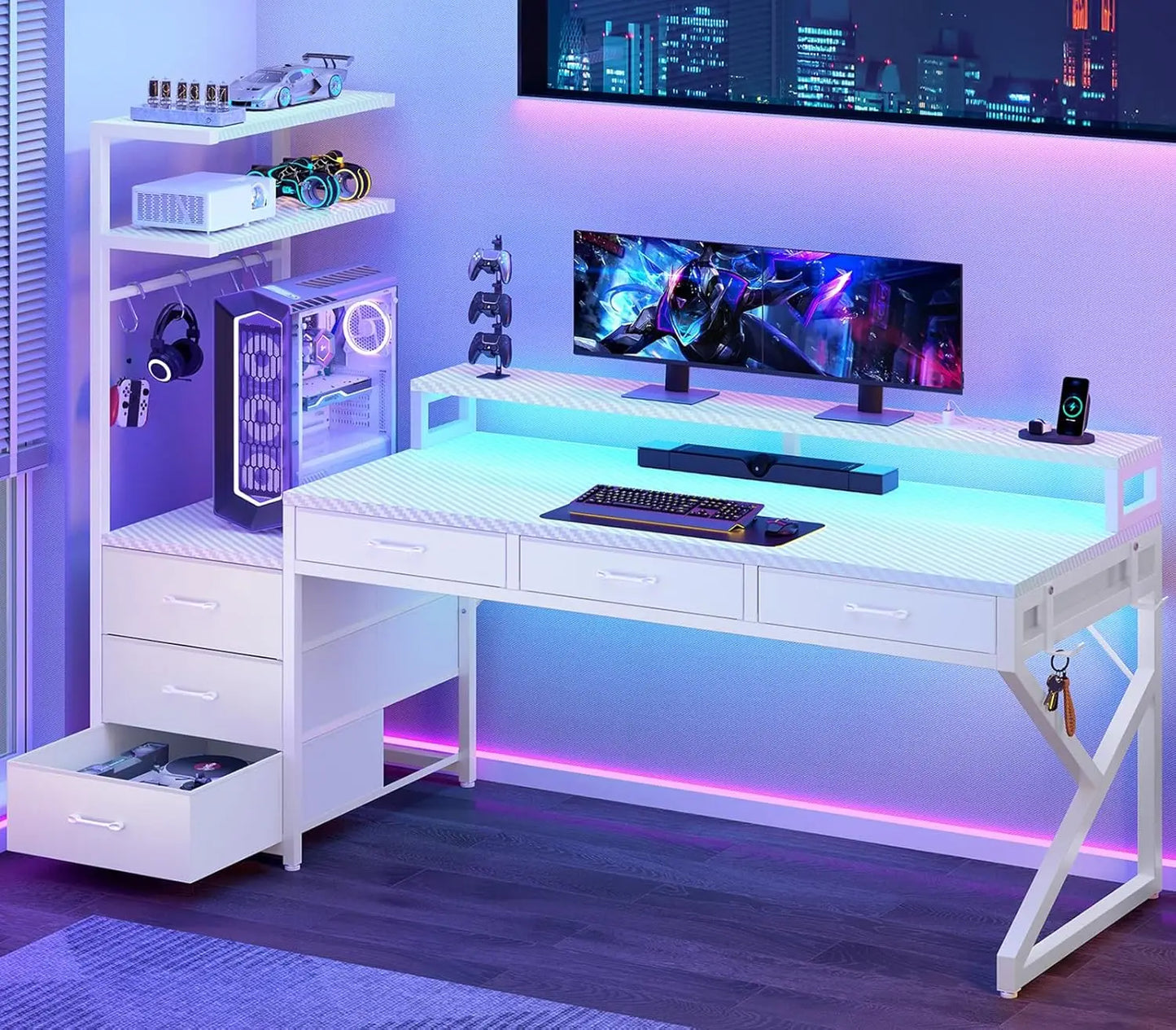 MOYU Gaming Desk With Storage Drawers And LED Lights