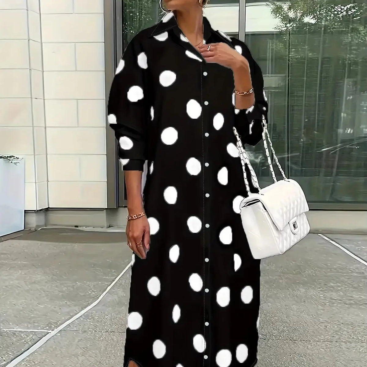 Elegant Polka Dot Lapel Women Fashion Long Sleeve Dress