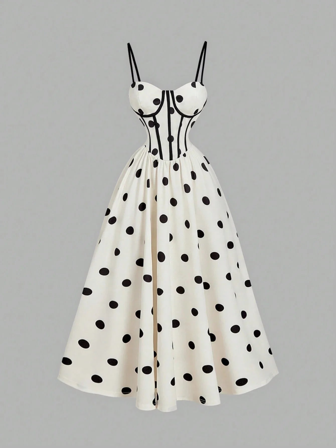 Cream Base Black Polka Dot Midi Dress Featuring Corset-Style Bodice, Spaghetti Straps, And Flared Skirt For Elegant Occasions