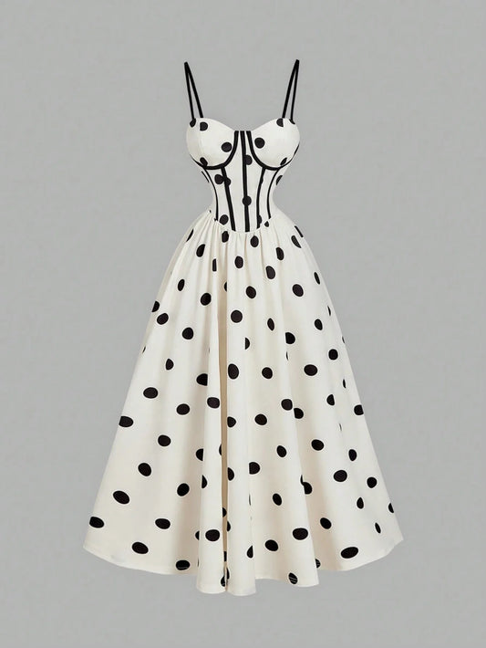 Cream Base Black Polka Dot Midi Dress Featuring Corset-Style Bodice, Spaghetti Straps, And Flared Skirt For Elegant Occasions