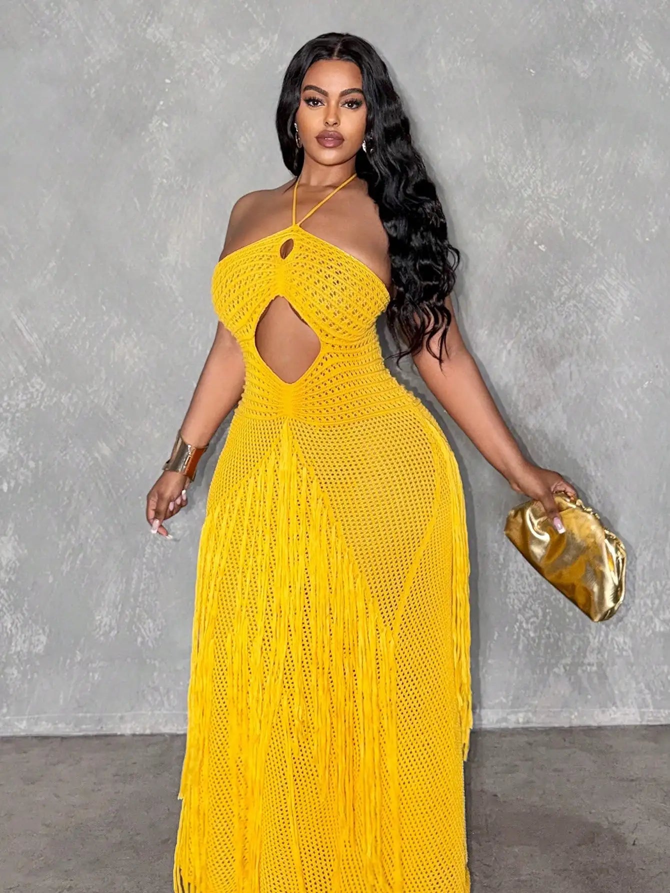 Mustard Yellow Knit Halter Cutout Fringed Bodycon Maxi Dress For Women
