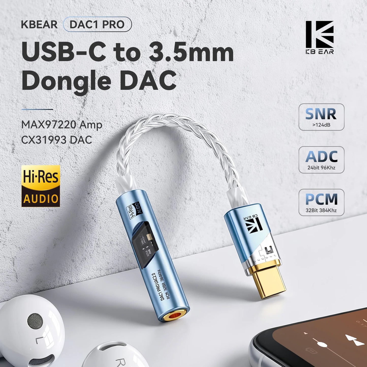KBEAR DAC1PRO HiFi DAC Dongle Type-C to 3.5mm Lossless Digital Audio Decoder Adapter Cable for TBX Kalideer KB02
