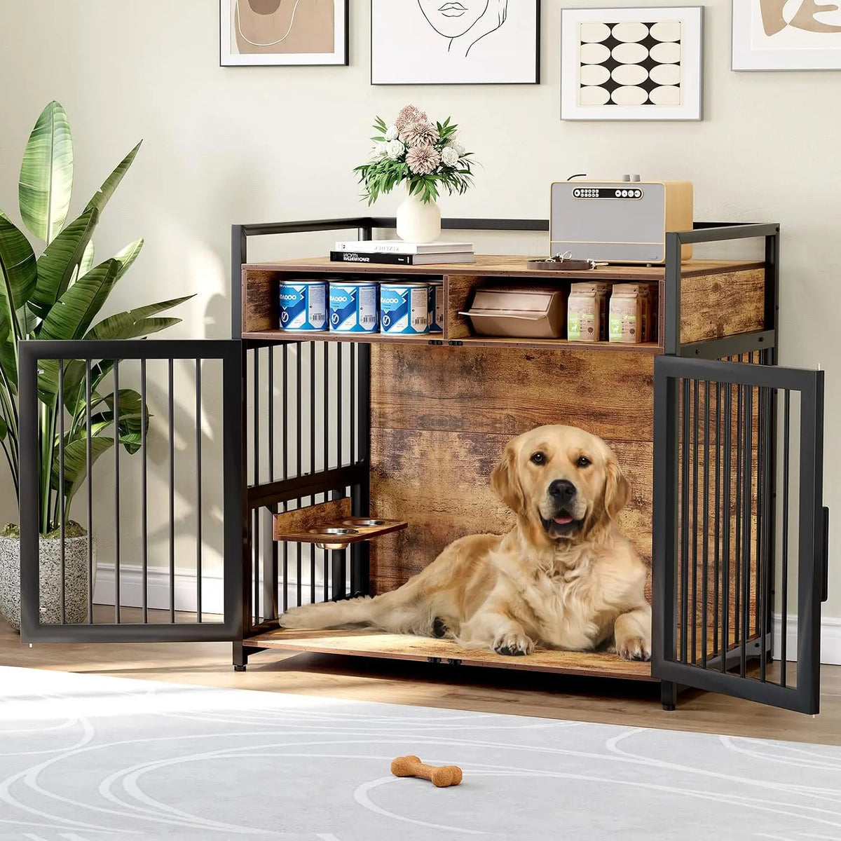 Garvee Wooden Indoor Dog Crate Furniture With Storage Shelves