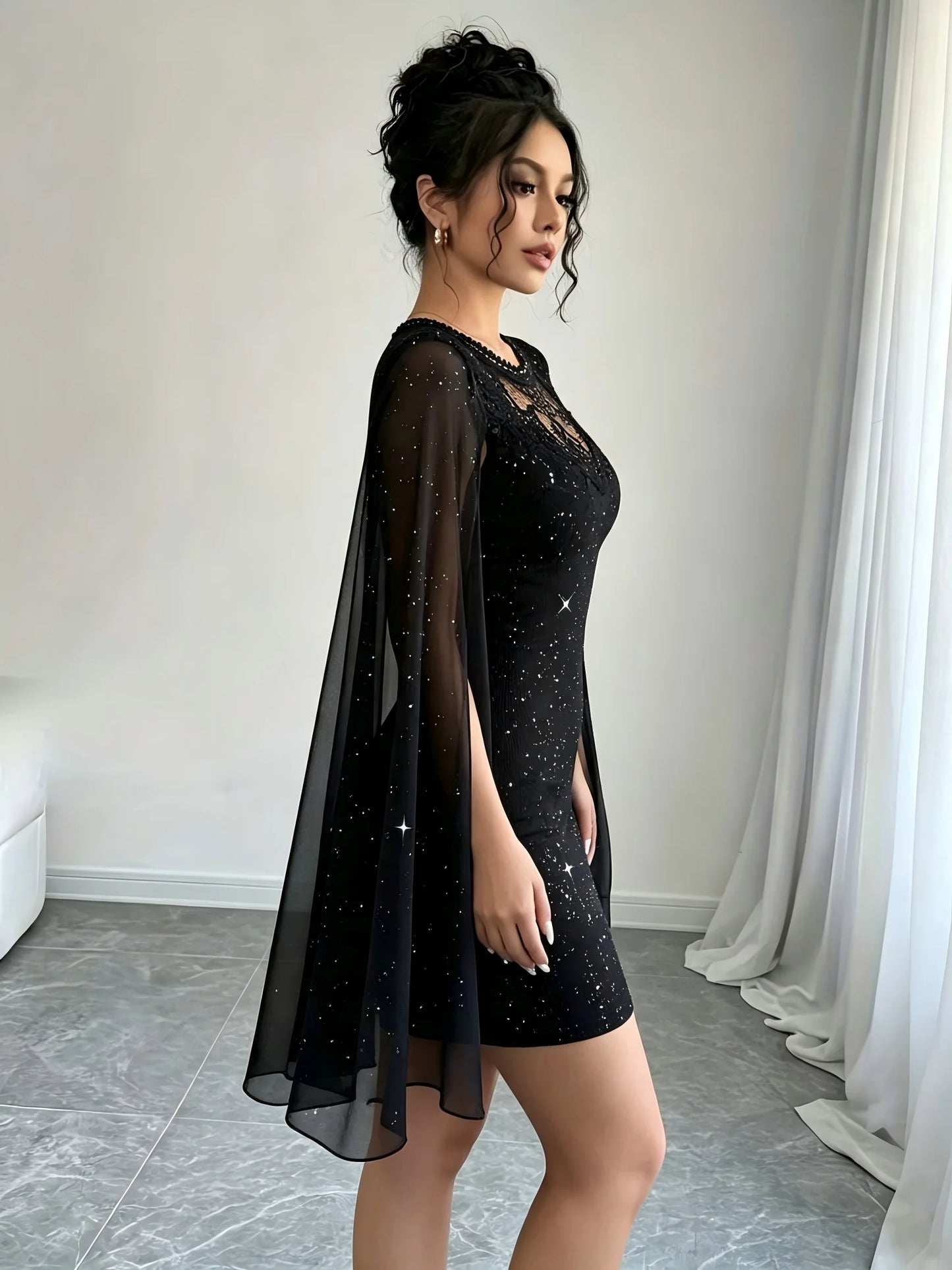 Women Glitter Bodycon Lace Cape Sleeve Party Evening Dress