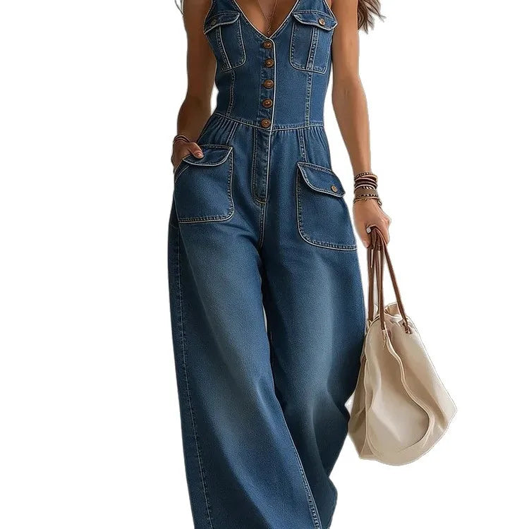 Casual Overalls Plus Size Washing Denim Jumpsuit Straight Loose Sleeveless Strap Jumpsuit V Neck Rompers Wide Leg Loose Pants