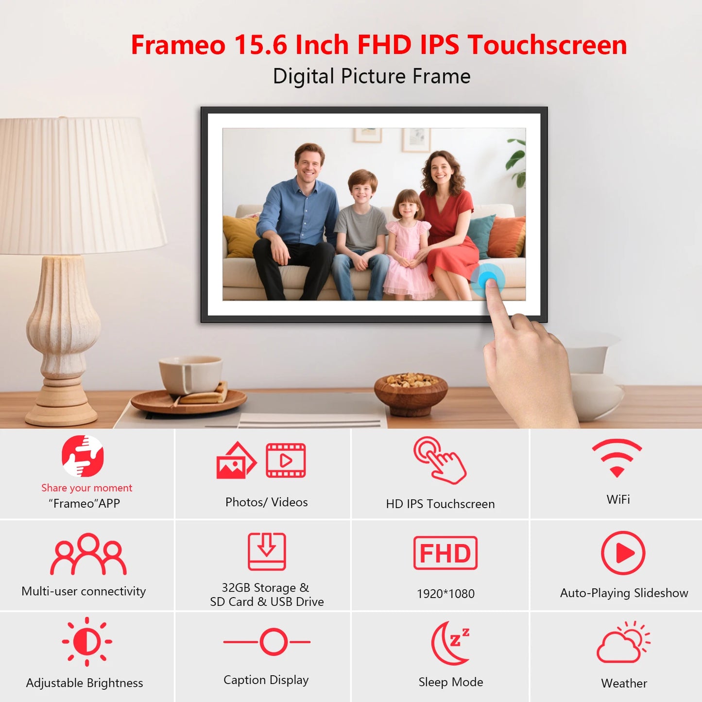 FRAMEO 15.6 Inch 32GB Large Digital Photo Frame, Digital Picture Frame WiFi, IPS HD Touch Screen, Photo Frame with Auto-Rotate