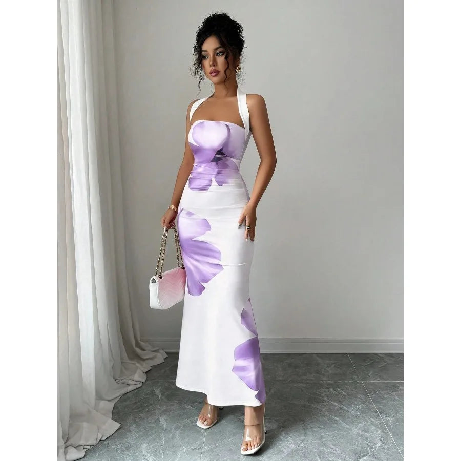 【New style】European and American   women's clothing 2026 new style  hot style hanging neck backless long dress bag hip printed