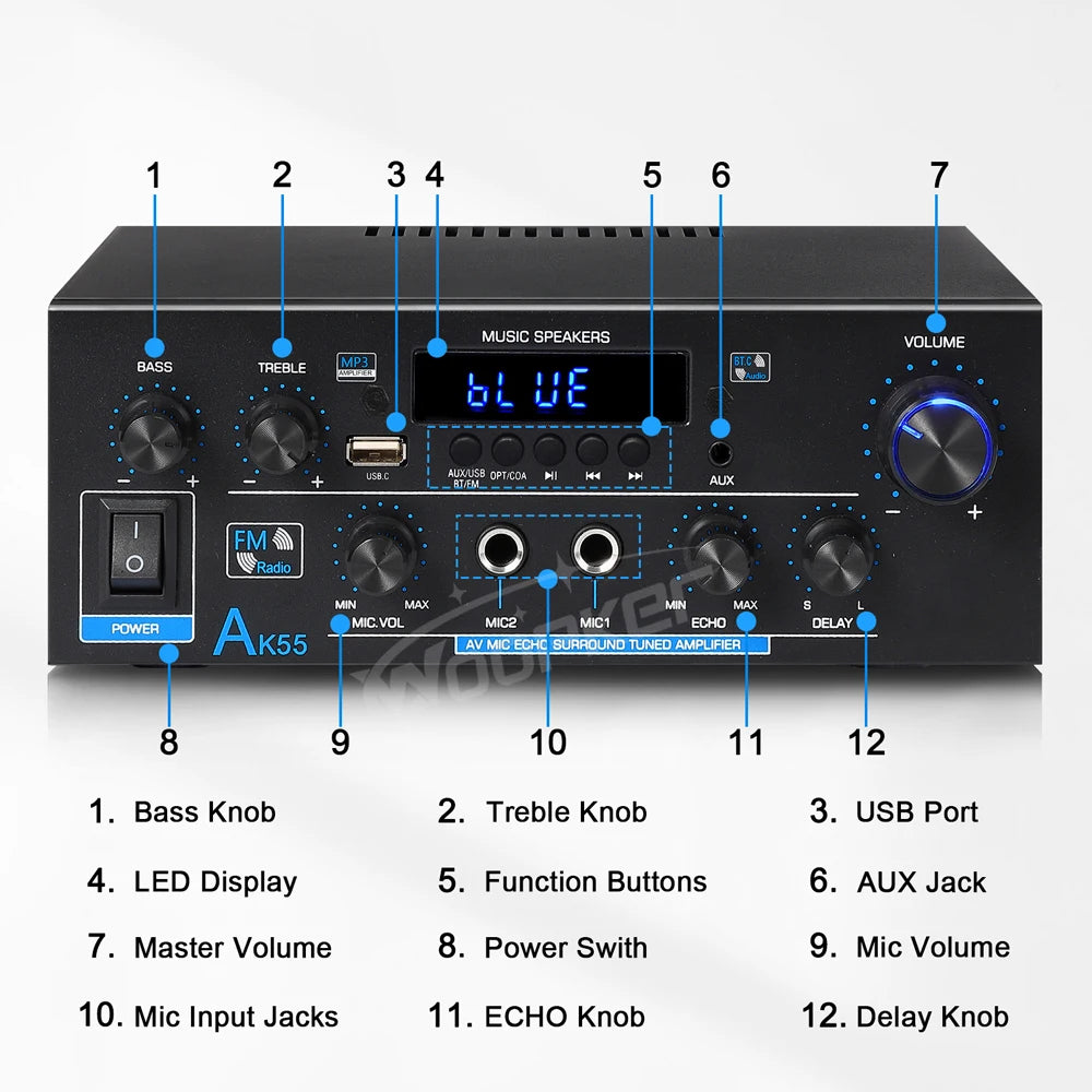 Woopker AK55/AK45 Pro/AK45/AK35 Sound Amplifier Bluetooth Digital Amplifier for Home Car Karaoke 2 Channel HiFi Audio Amp FM USB