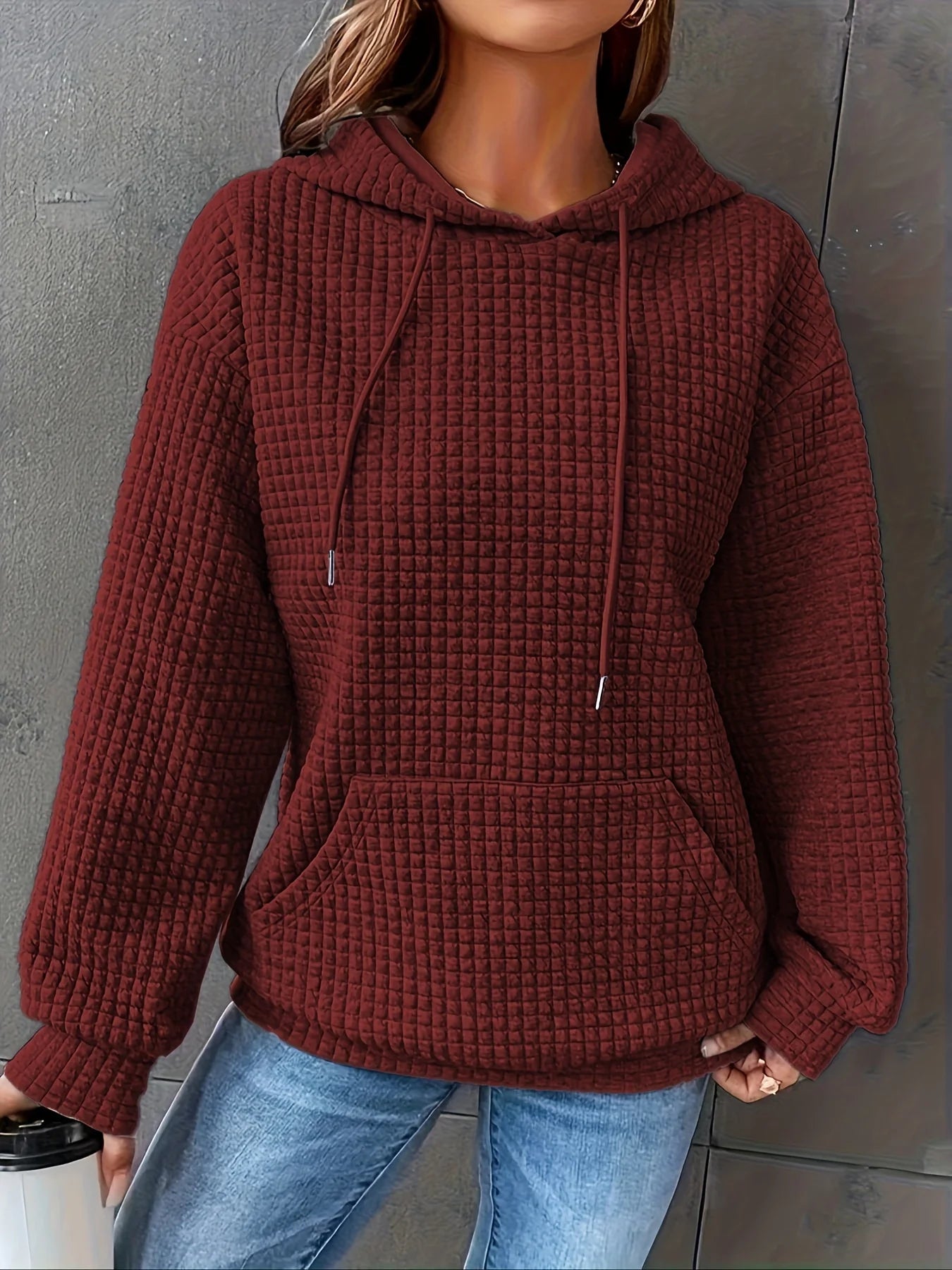 Women Waffle Knit Hoodie Drawstring Pullover Sweatshirt Kangaroo Pocket