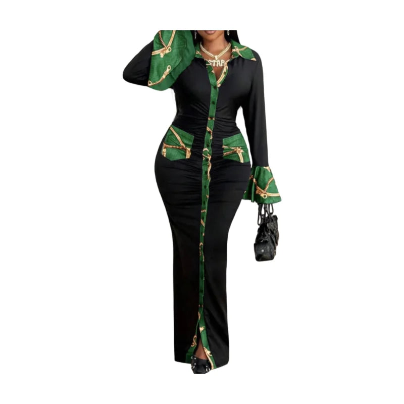 Elegant Flare Sleeve Print Ruched Front Split Dress