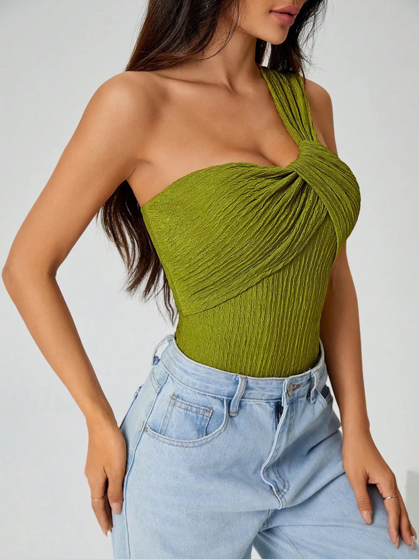 Women One Shoulder Twist Crinkle Bodysuit Slim Fit Sleeveless Top