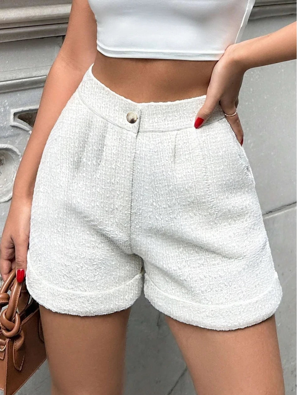 Women Tailored High Waist Tweed Shorts Featuring Functional Side Pockets