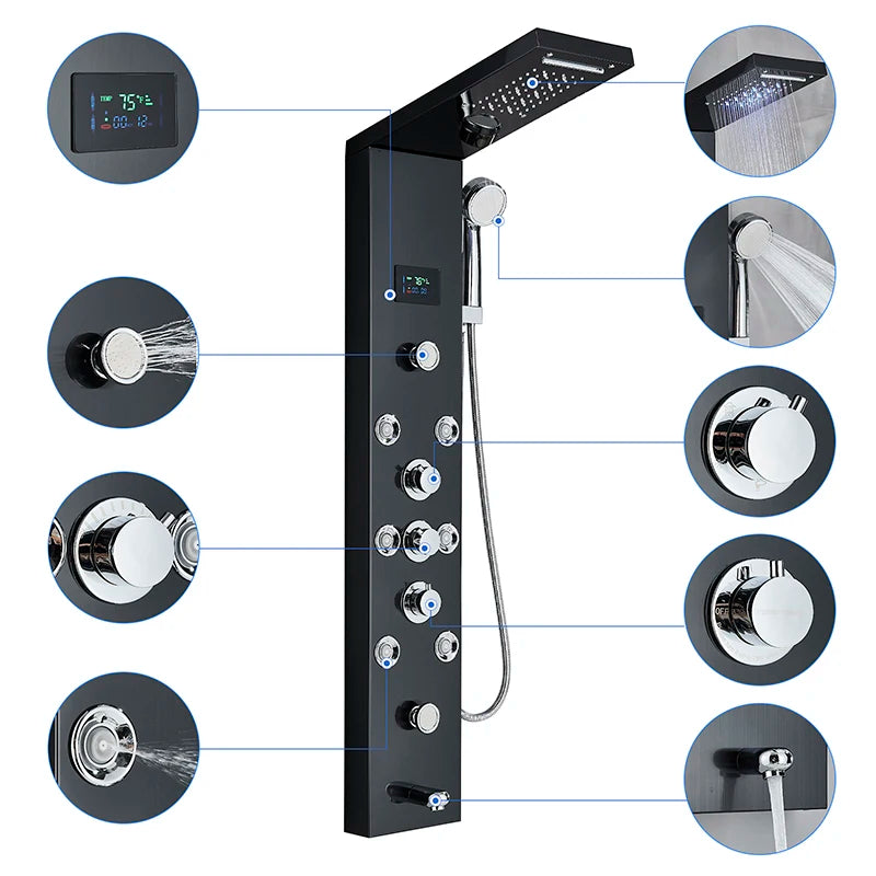 LED Shower Panel Digital Display Shower Faucet System Set Rain Waterfall Bathroom Column Mixer With SPA Massage Jet