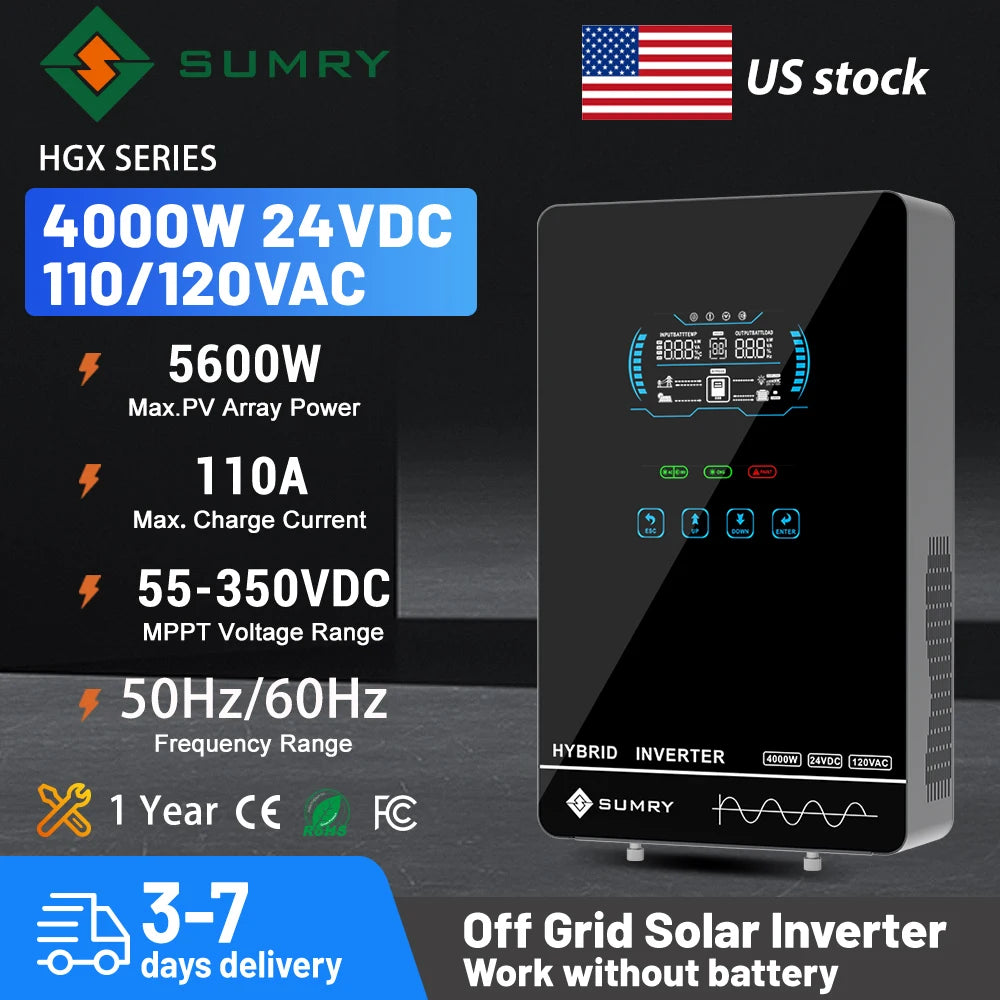Sumry 4KW 120V Off Grid Solar Inverter 24V 140A 5600W MPPT Charger Pure Sine Wave Home Inverter 6.25 Inch LCD Display