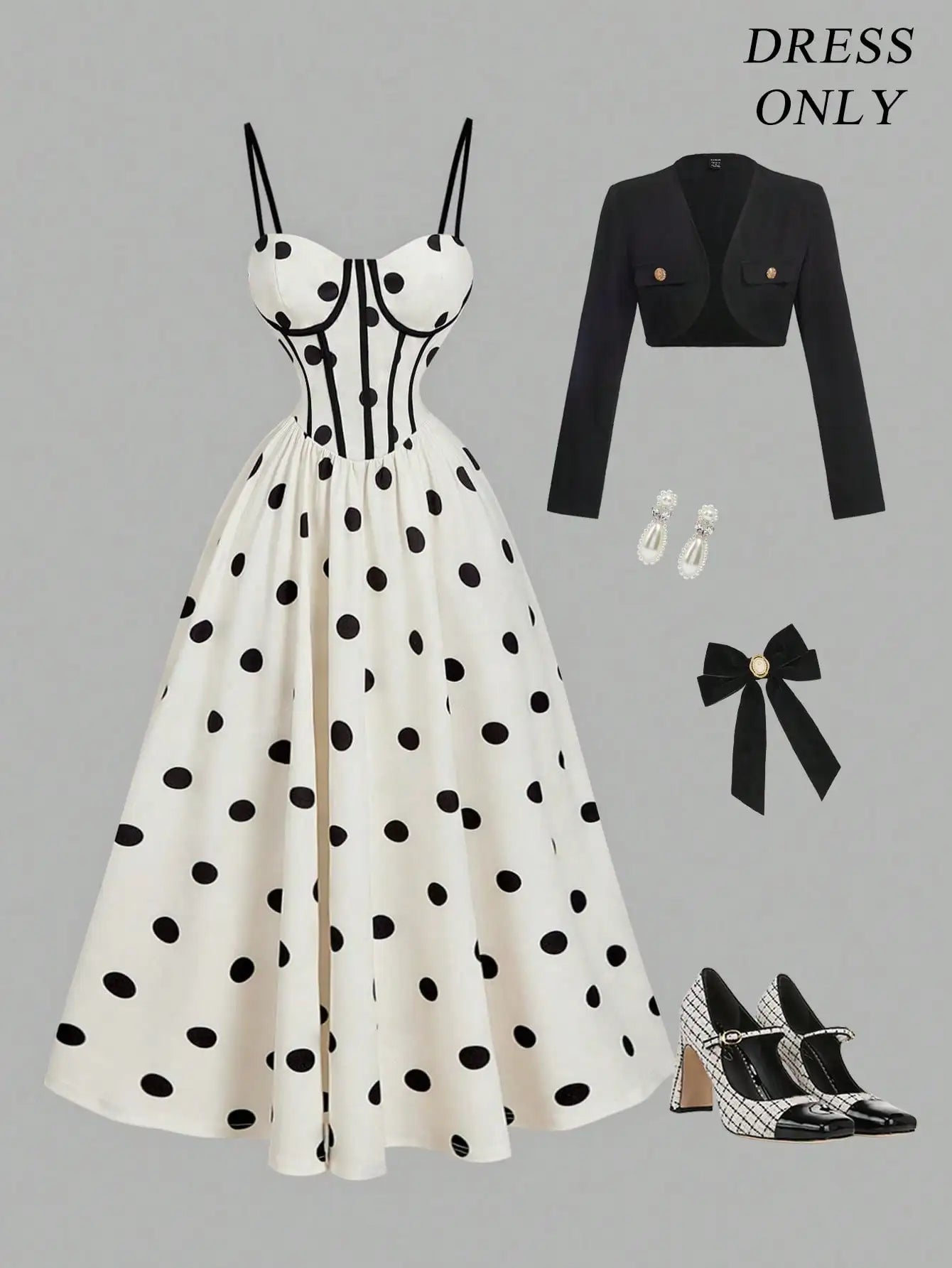 Cream Base Black Polka Dot Midi Dress Featuring Corset-Style Bodice, Spaghetti Straps, And Flared Skirt For Elegant Occasions
