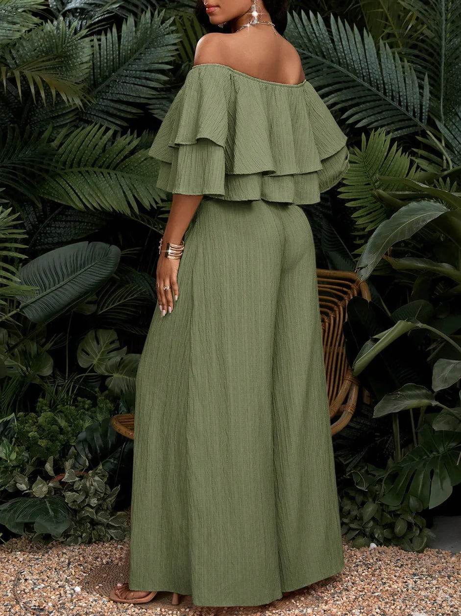 Women Off Shoulder Ruffle Crop Top With Wide Leg Pants