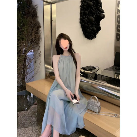 【New style】Norway summer seaside gentle long suspender dress romantic suspender a-line super fairy holiday dress