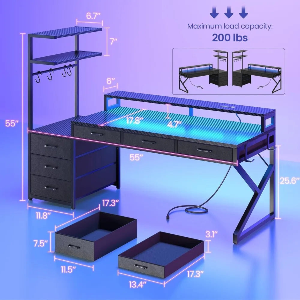 MOYU Gaming Desk With Storage Drawers And LED Lights