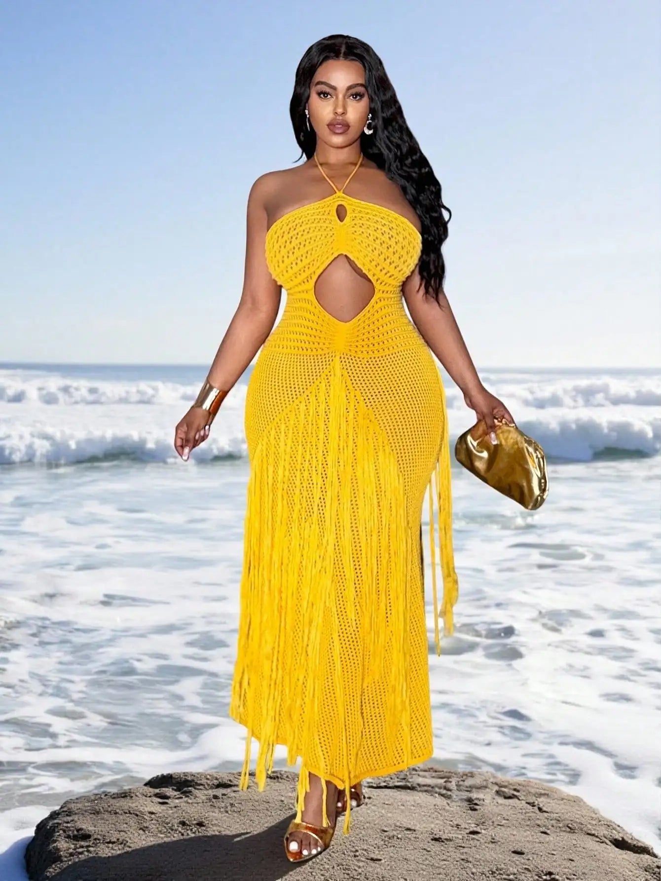 Mustard Yellow Knit Halter Cutout Fringed Bodycon Maxi Dress For Women