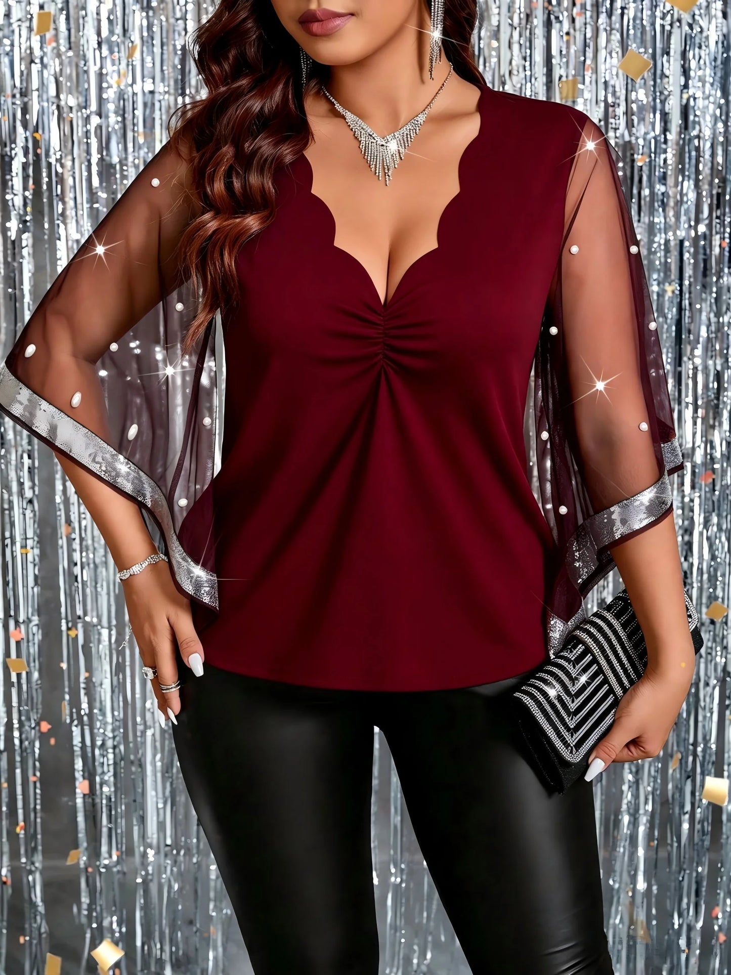 Pearl Beaded Glitter Trim Mesh Bell Sleeve Party Blouse