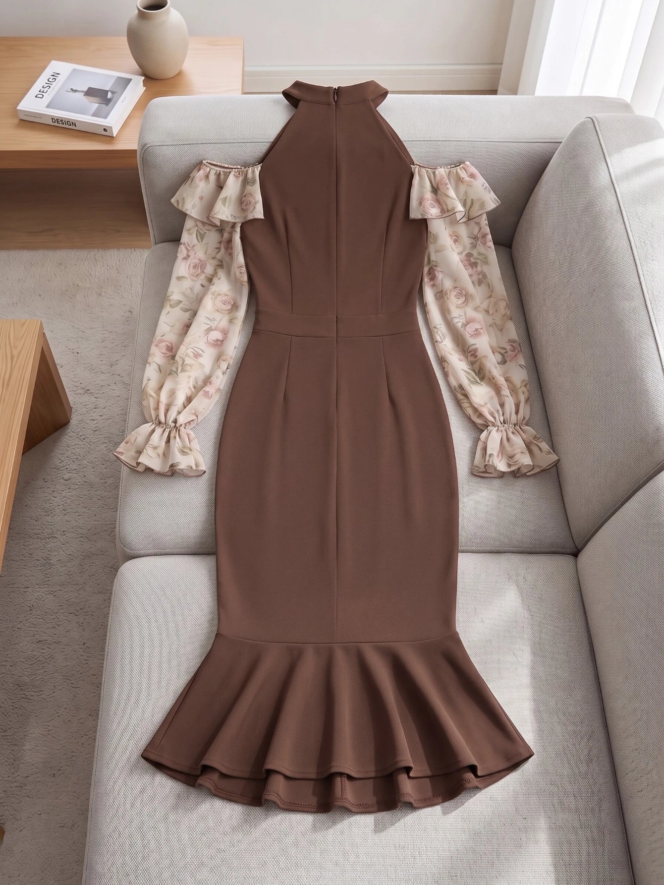 Women Floral Print Cold Shoulder Ruffle Collar Midi Dress