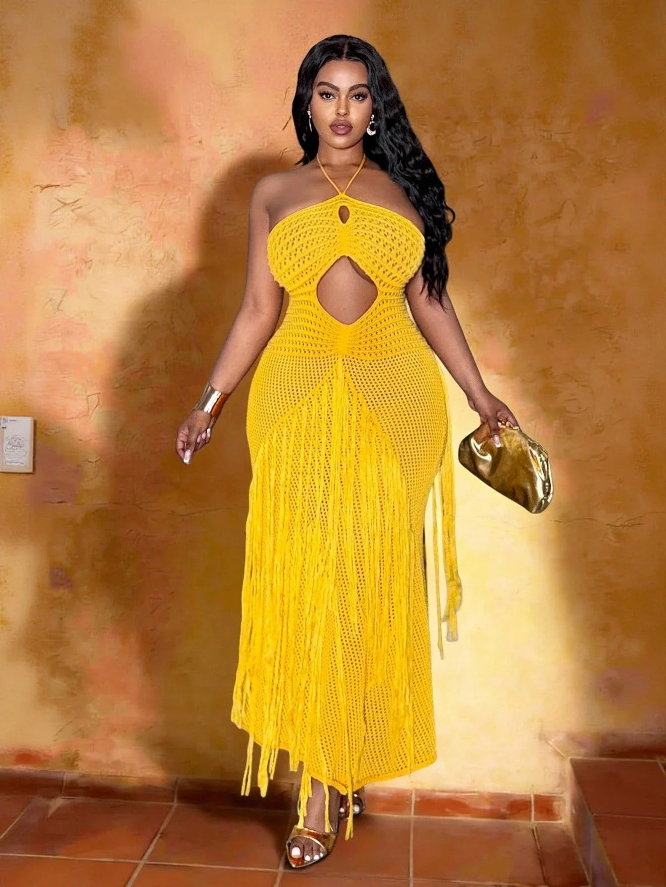 Mustard Yellow Knit Halter Cutout Fringed Bodycon Maxi Dress For Women