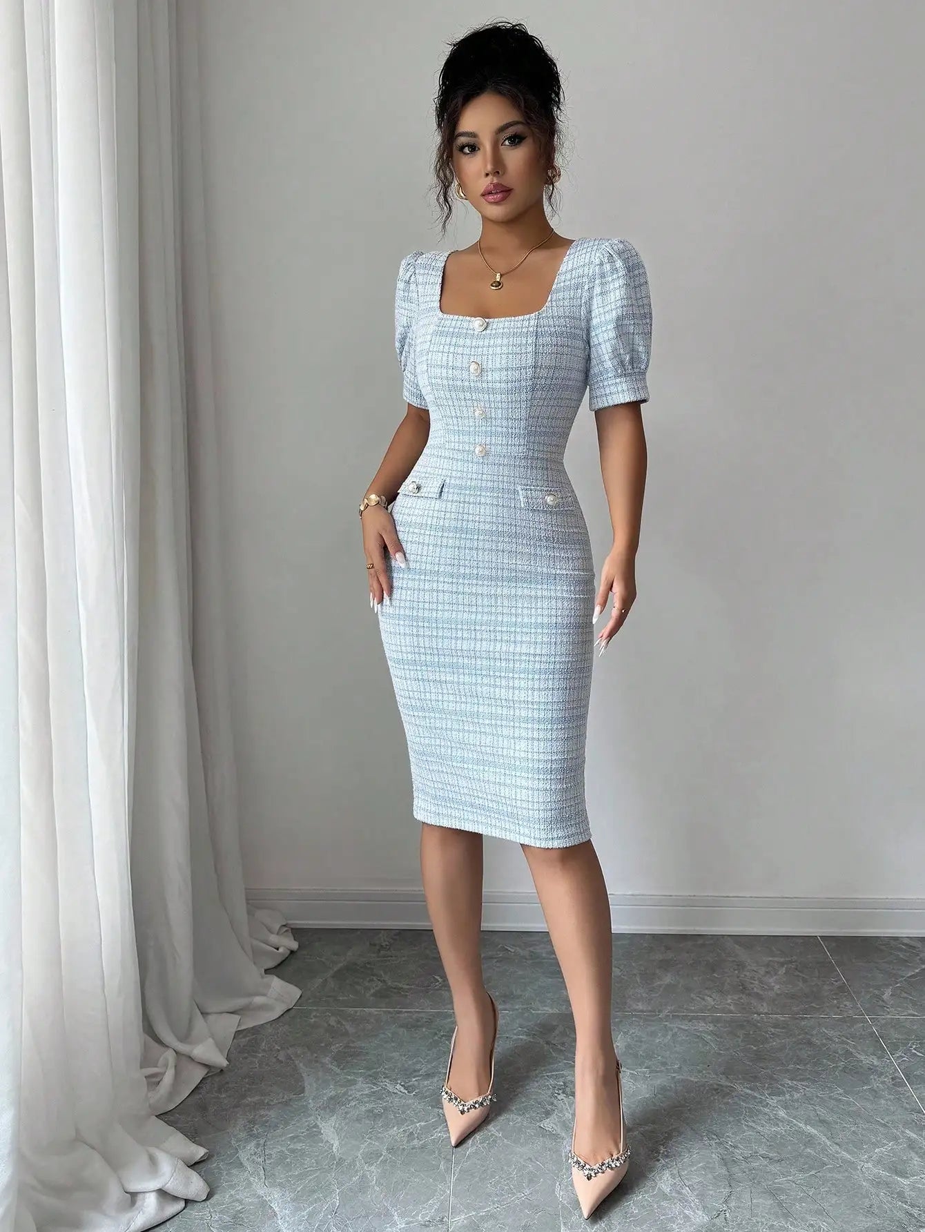 Elegant Square Neck Puff Sleeve Bodycon Midi Dress With Buttons