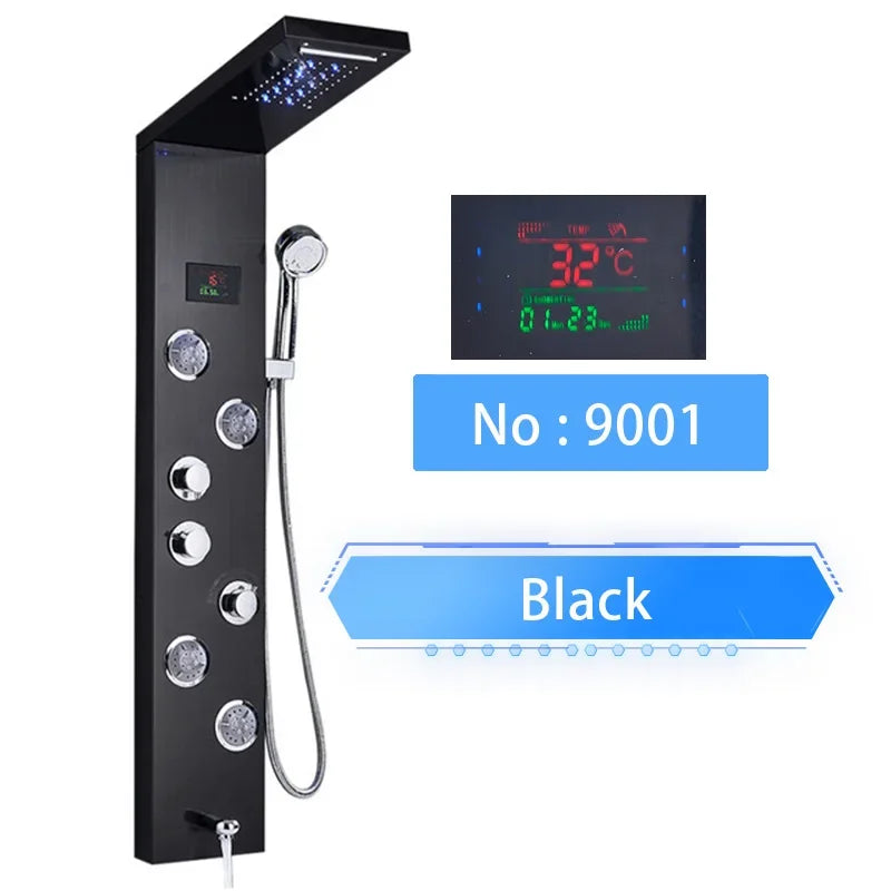 LED Shower Panel Digital Display Shower Faucet System Set Rain Waterfall Bathroom Column Mixer With SPA Massage Jet