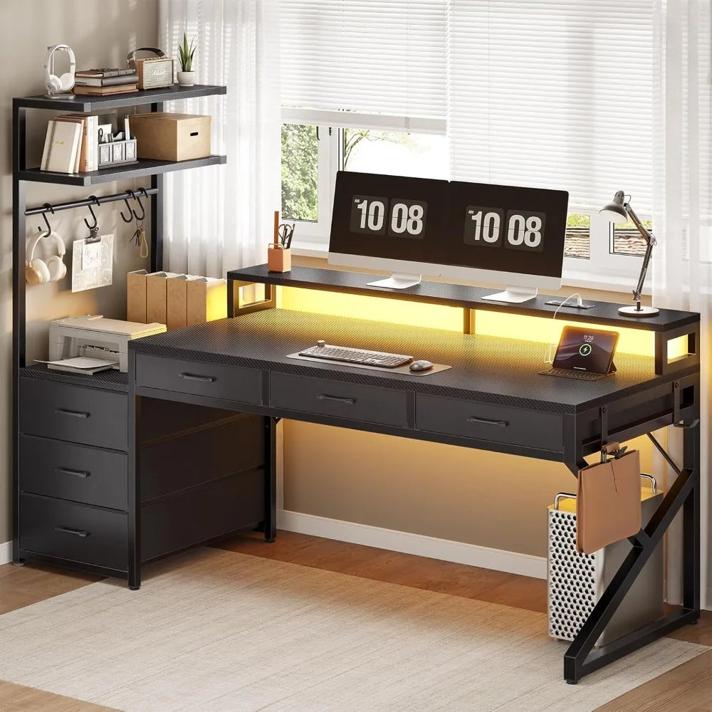 MOYU Gaming Desk With Storage Drawers And LED Lights