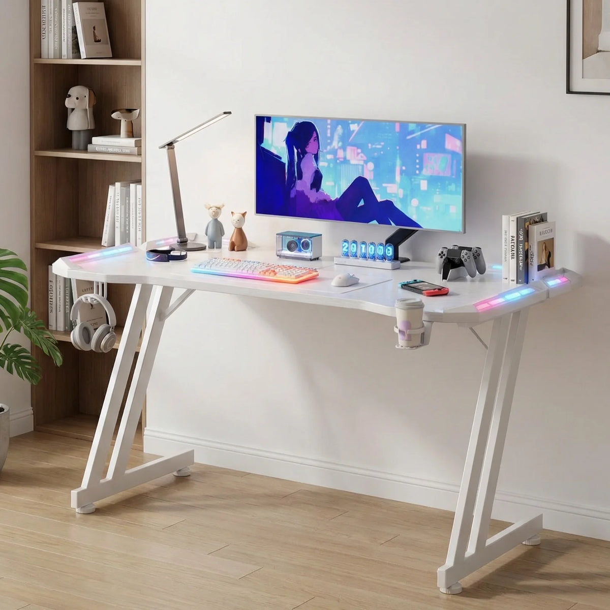 Frodrovia Ergonomic Gaming Desk With Led Lights And Cup Holder