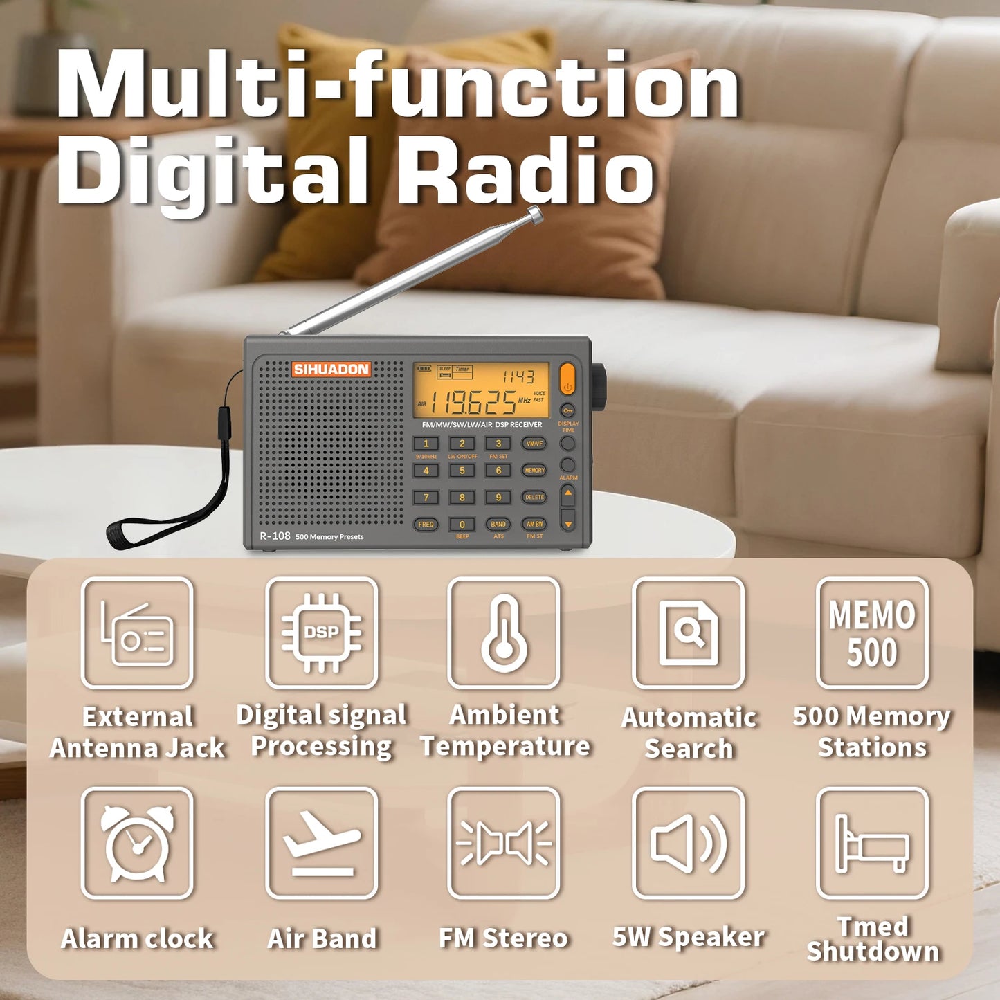 SIHUADON R108 DSP Radio AM FM SW LW Airband Full Band Receiver Battery Operated with Headphone Antenna Jack Sleep Time and Alarm