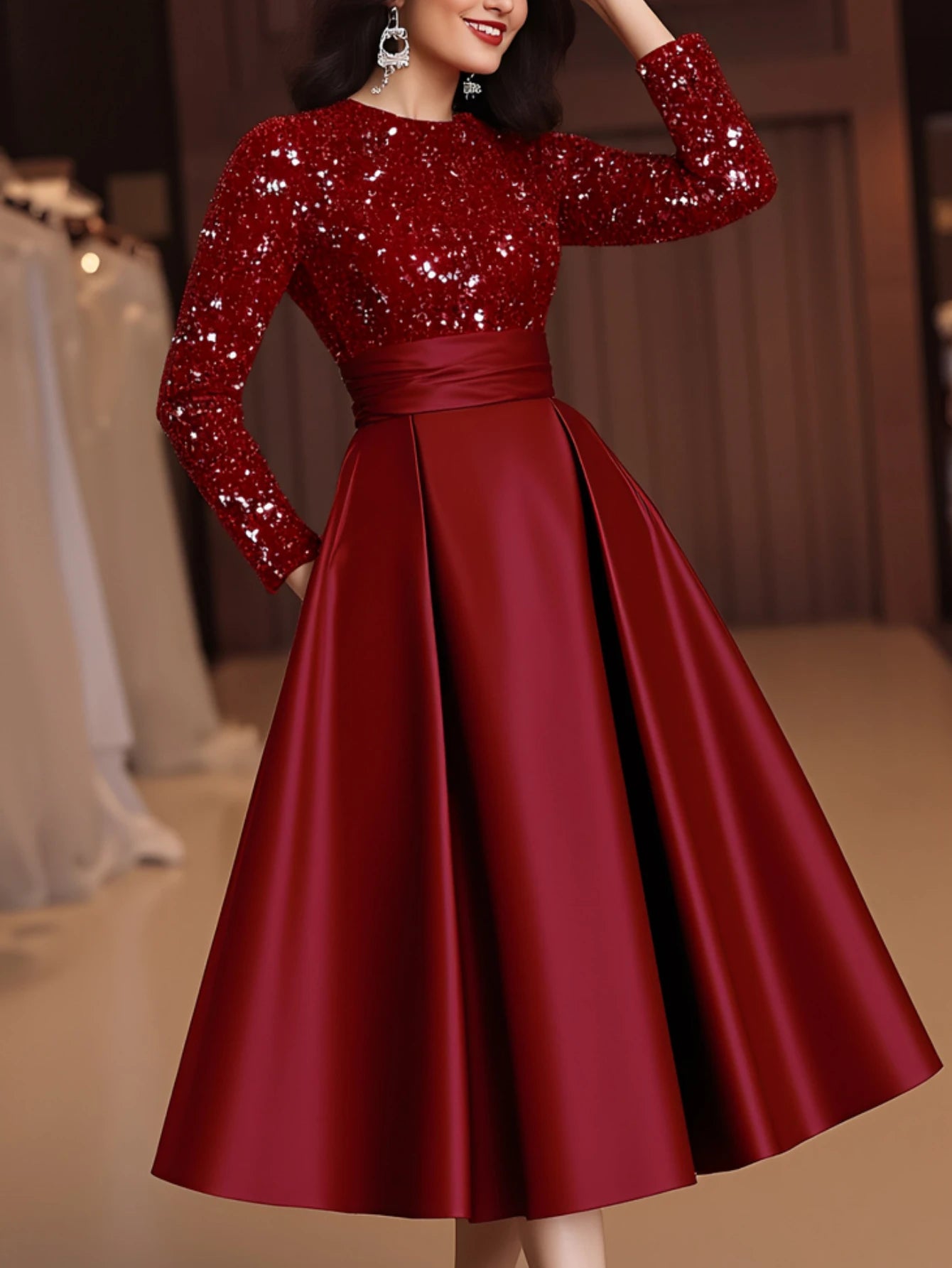 Women Crew Neck Long Sleeve Sequin Patch Tie Midi Dress