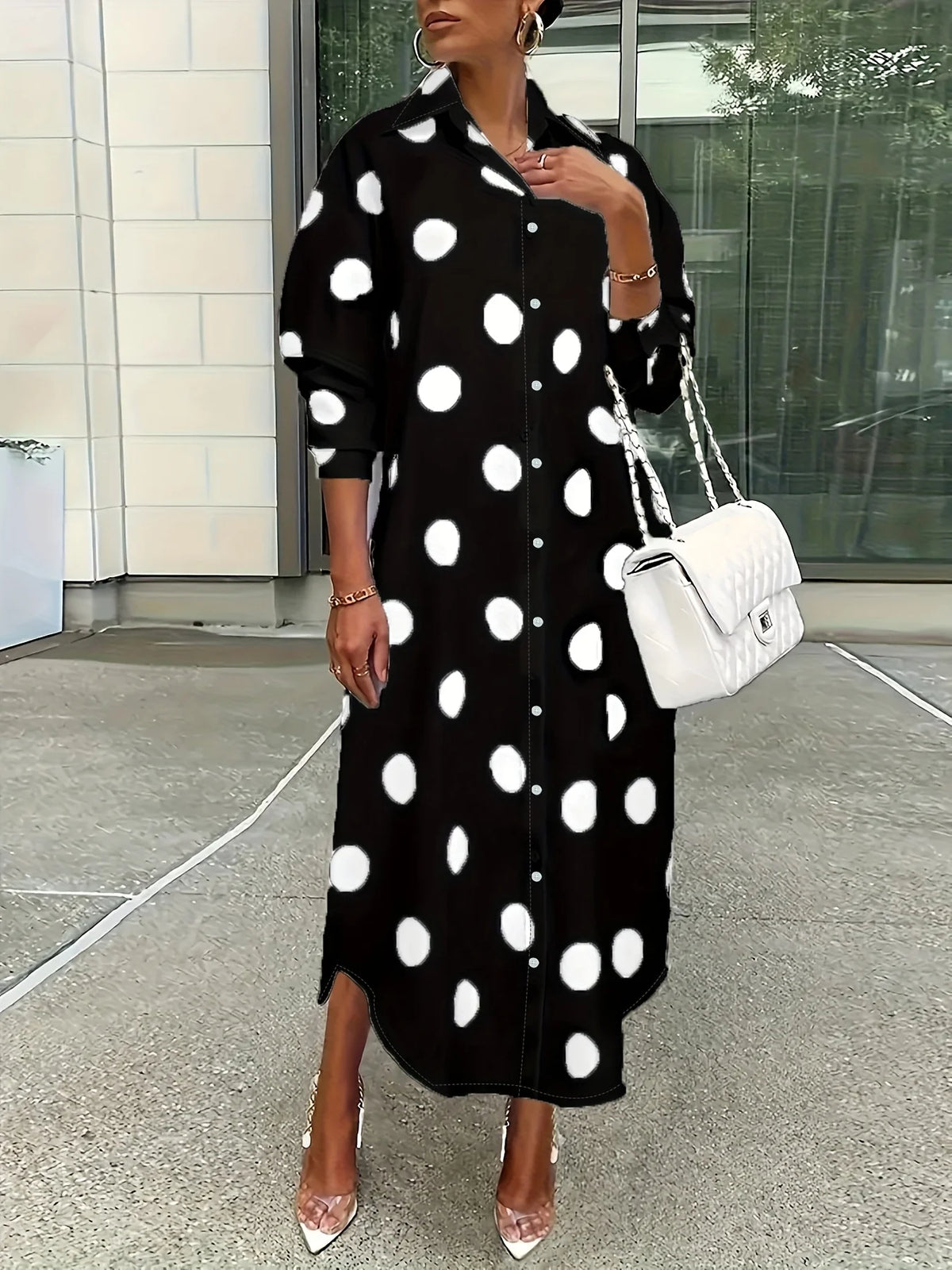 Elegant Polka Dot Lapel Women Fashion Long Sleeve Dress
