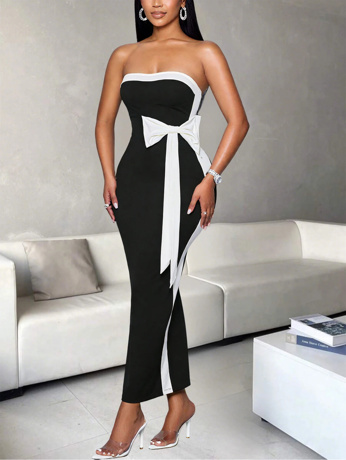 Elegant Color Block One Shoulder Butterfly Bow Dress For Women