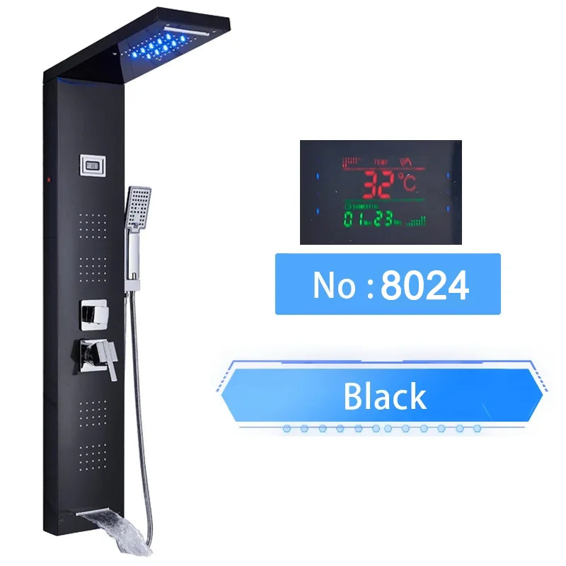 LED Shower Panel Digital Display Shower Faucet System Set Rain Waterfall Bathroom Column Mixer With SPA Massage Jet
