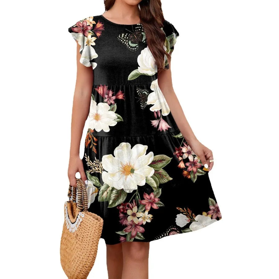 【New style】2026  European and American   - spring and summer hot printed cake flying sleeve casual dress for women
