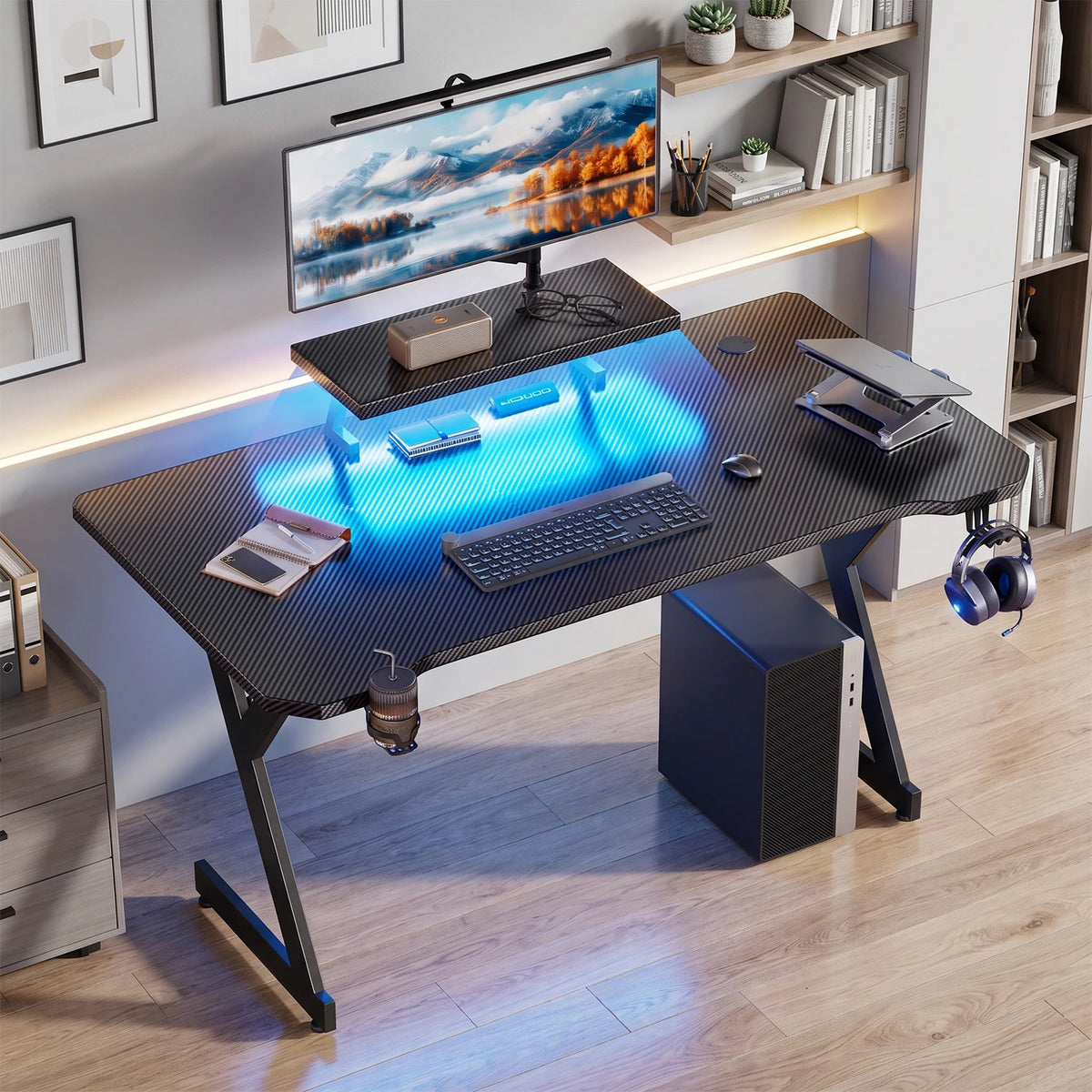 FRODROVIA Ergonomic Gaming Desk With Monitor Stand And Light Strip