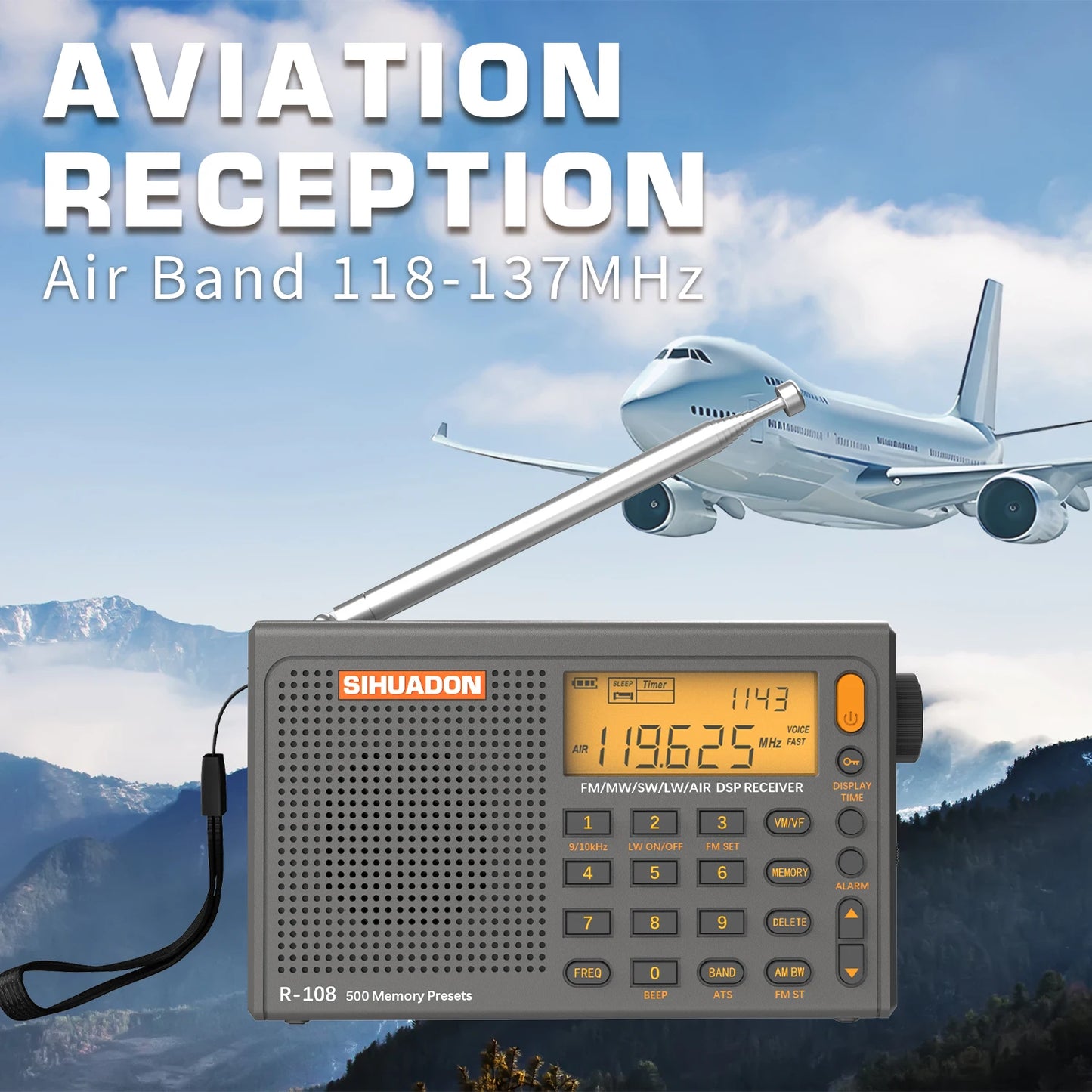 SIHUADON R108 DSP Radio AM FM SW LW Airband Full Band Receiver Battery Operated with Headphone Antenna Jack Sleep Time and Alarm