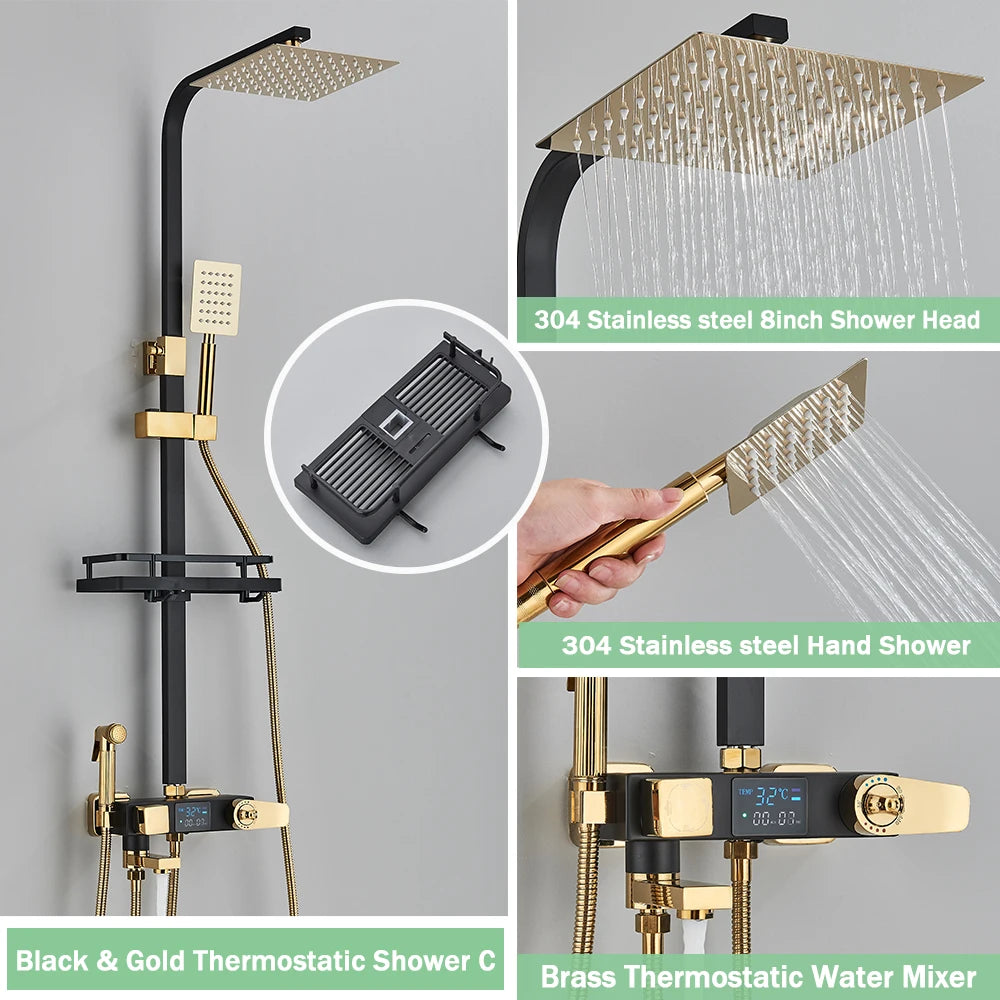Rozin Black Smart Thermostatic Shower Faucet Set Bathroom Intelligent Rainfall Digital Mixer Tap With Rack and Bidet Bath System
