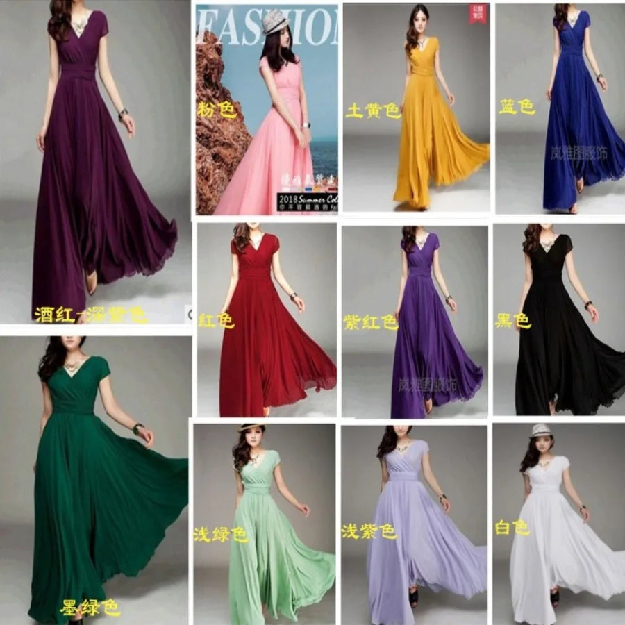 【New style】- access  Europe and America V-neck short-sleeved Bohemian chiffon waist dress