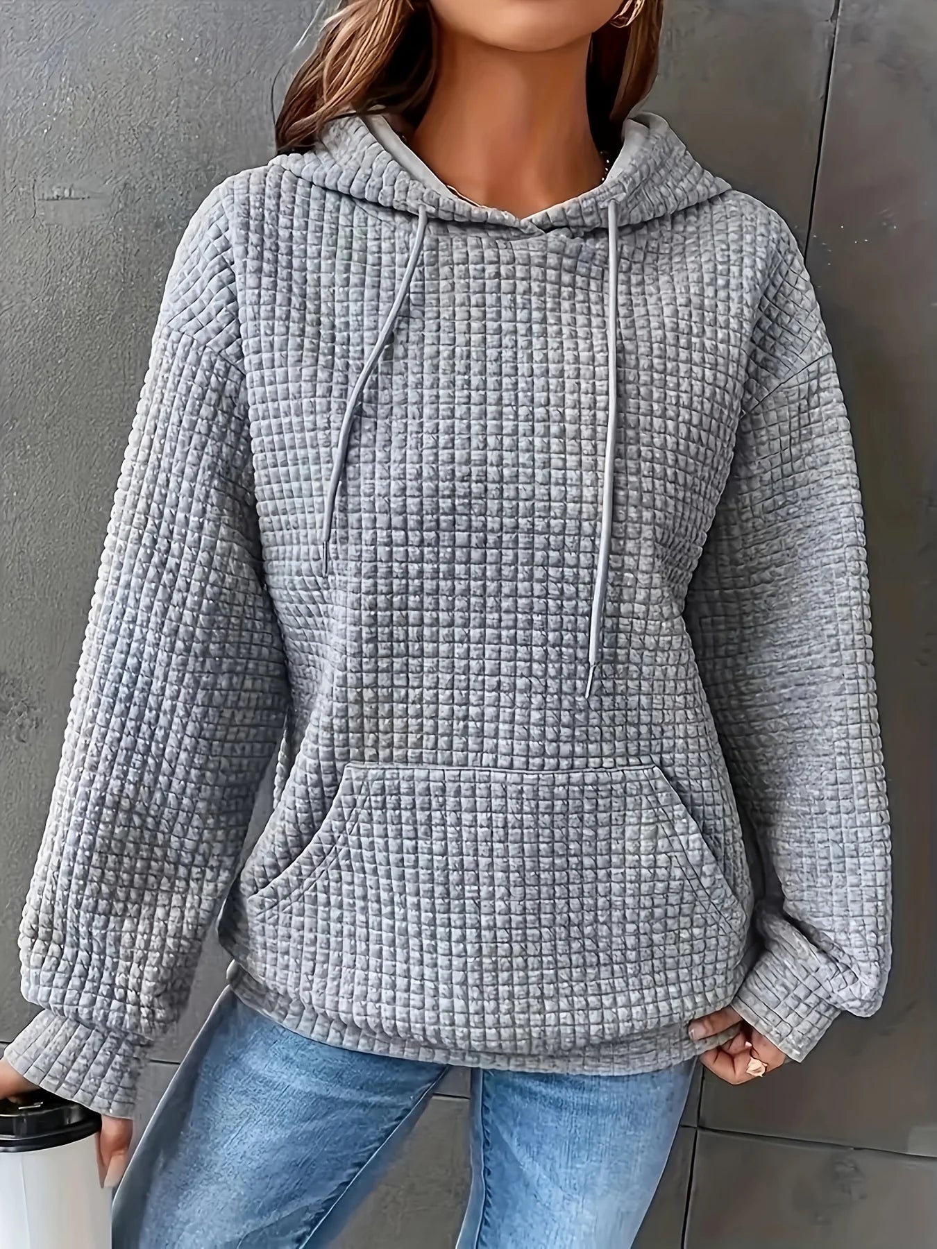 Women Waffle Knit Hoodie Drawstring Pullover Sweatshirt Kangaroo Pocket