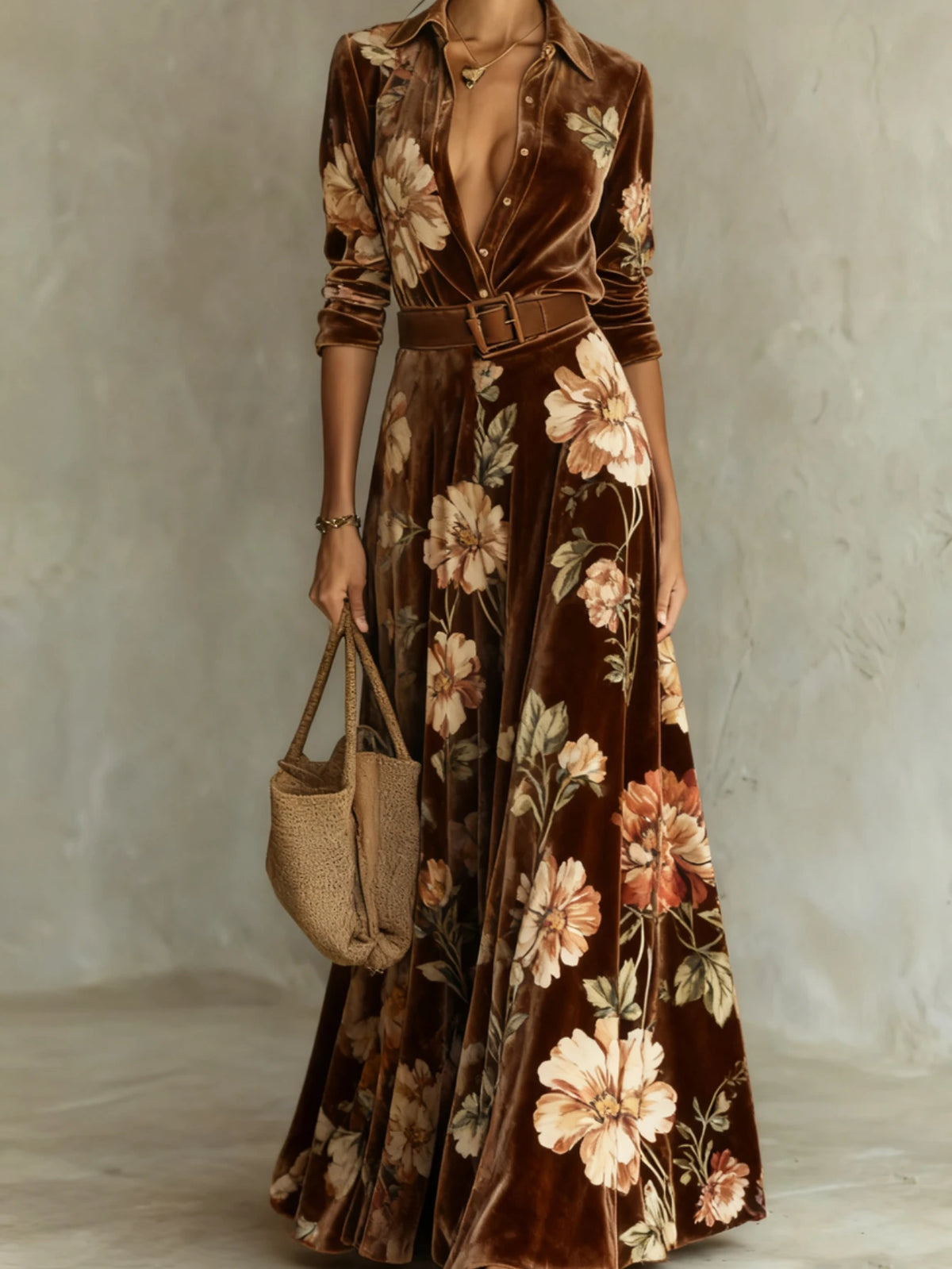Women Floral Print Lapel Collar Long Sleeve Maxi Dress