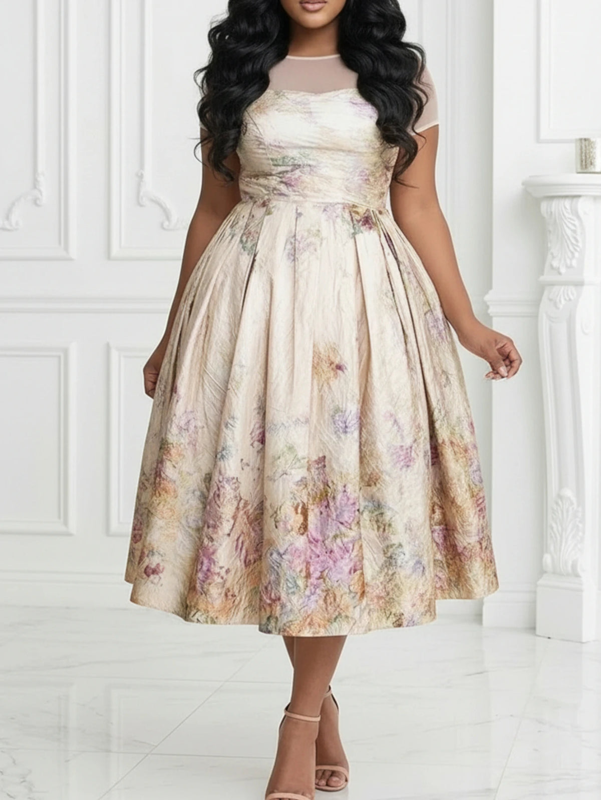 Women Printed Pleated Polyester Dress For Casual Occasions