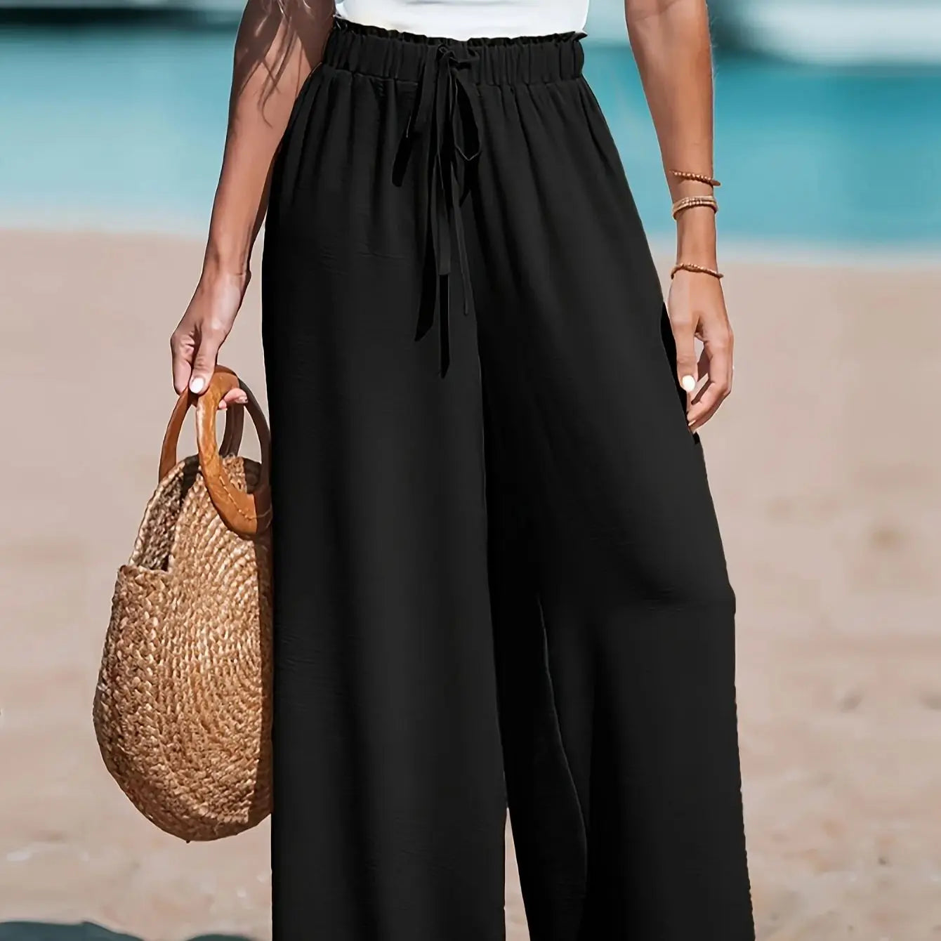 Womens Casual Wide Leg Pants With Elastic Drawstring Closure