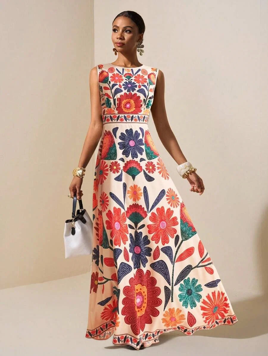 Women Floral Embroidery Sleeveless Maxi Dress Summer Casual