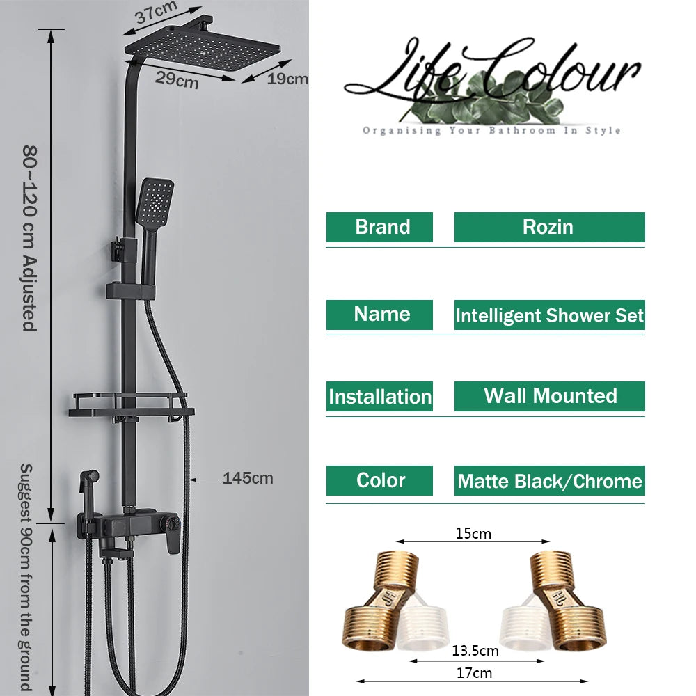Rozin Black Smart Thermostatic Shower Faucet Set Bathroom Intelligent Rainfall Digital Mixer Tap With Rack and Bidet Bath System
