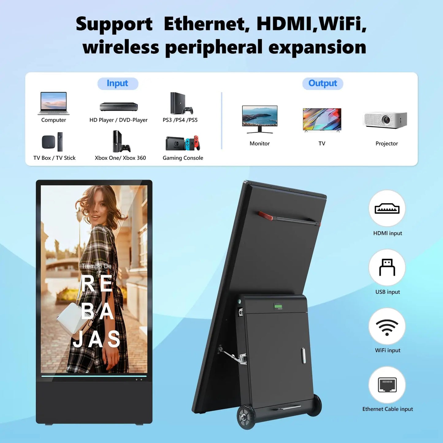 Rechargeable Portable Outdoor 43 inch  Digital Signage Displays, IP55 Waterproof, Smart LCD Split Screen, Movable Kiosk