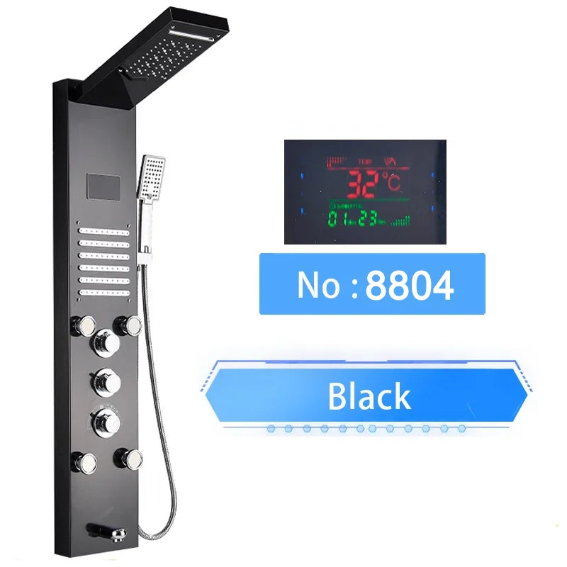 LED Shower Panel Digital Display Shower Faucet System Set Rain Waterfall Bathroom Column Mixer With SPA Massage Jet
